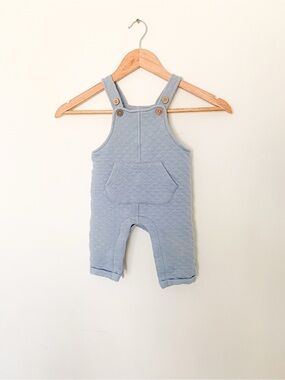 Quilted Light Blue Overalls with Front Pocket and Wooden Buttons 100% Cotton